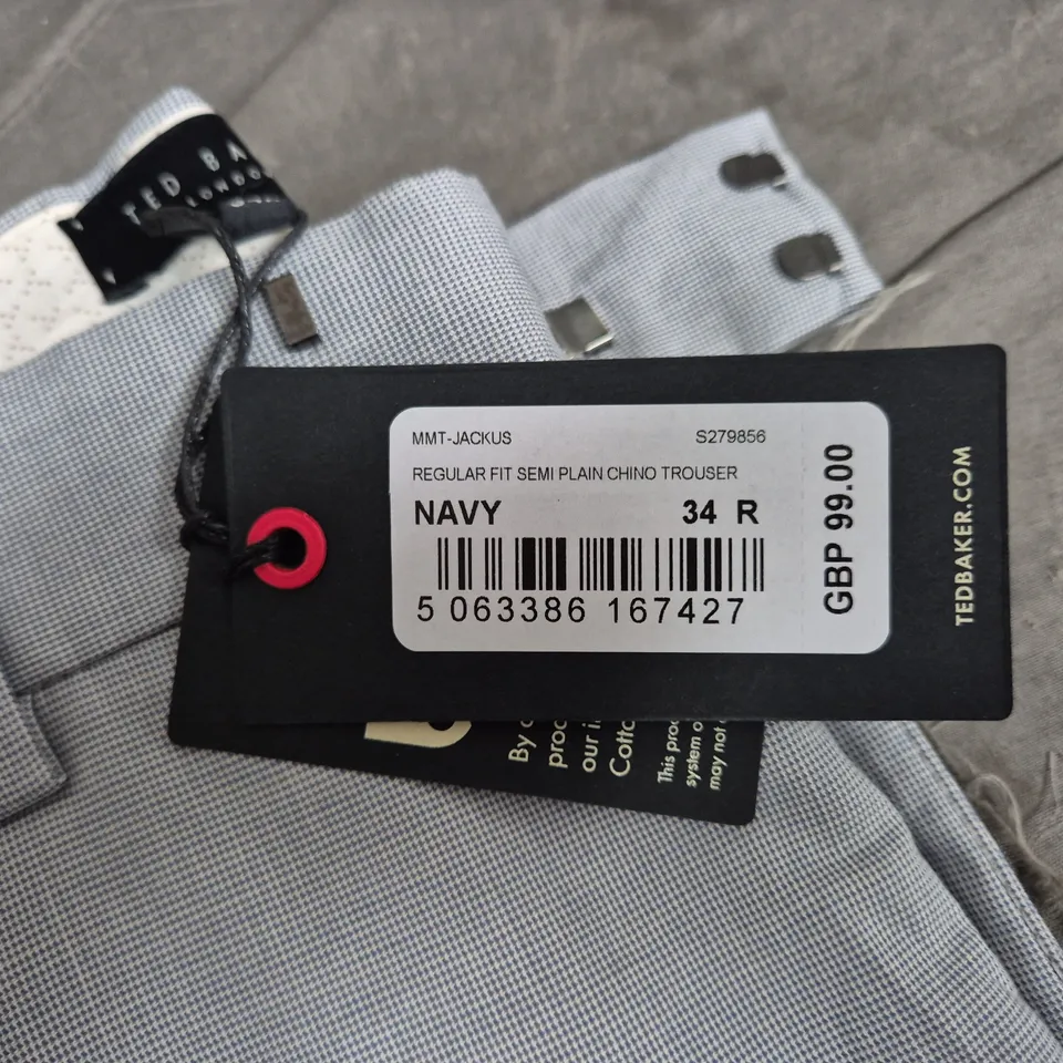 TED BAKER JACKUS NAVY REGULAR-FIT CHINO TROUSERS, UK 34R