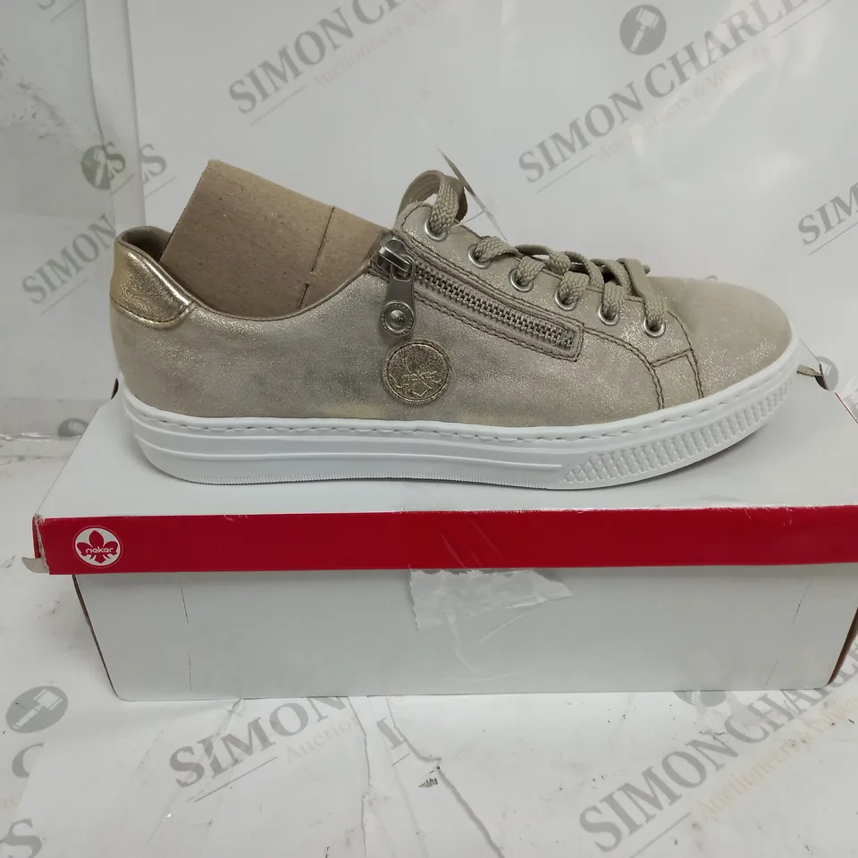 BOXED PAIR OF RIEKER GOLD METALLIC TRAINERS - SIZE 6.5