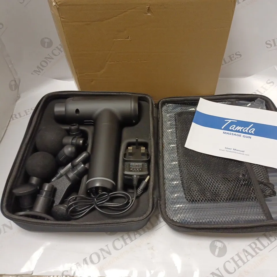 BOXED TAMDA MASSAGE GUN WITH LED DISPLAY, POWER SUPPLY, SOFT CARRY CASE, ACCESSORIES AND INSTRUCTIONS