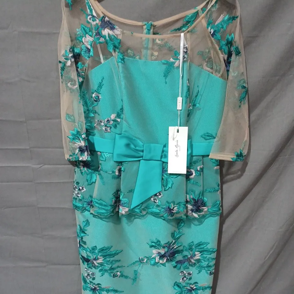CARLA RUIZ MESH SLEEVE FLORAL DRESS IN GREEN MULTI - UK 14