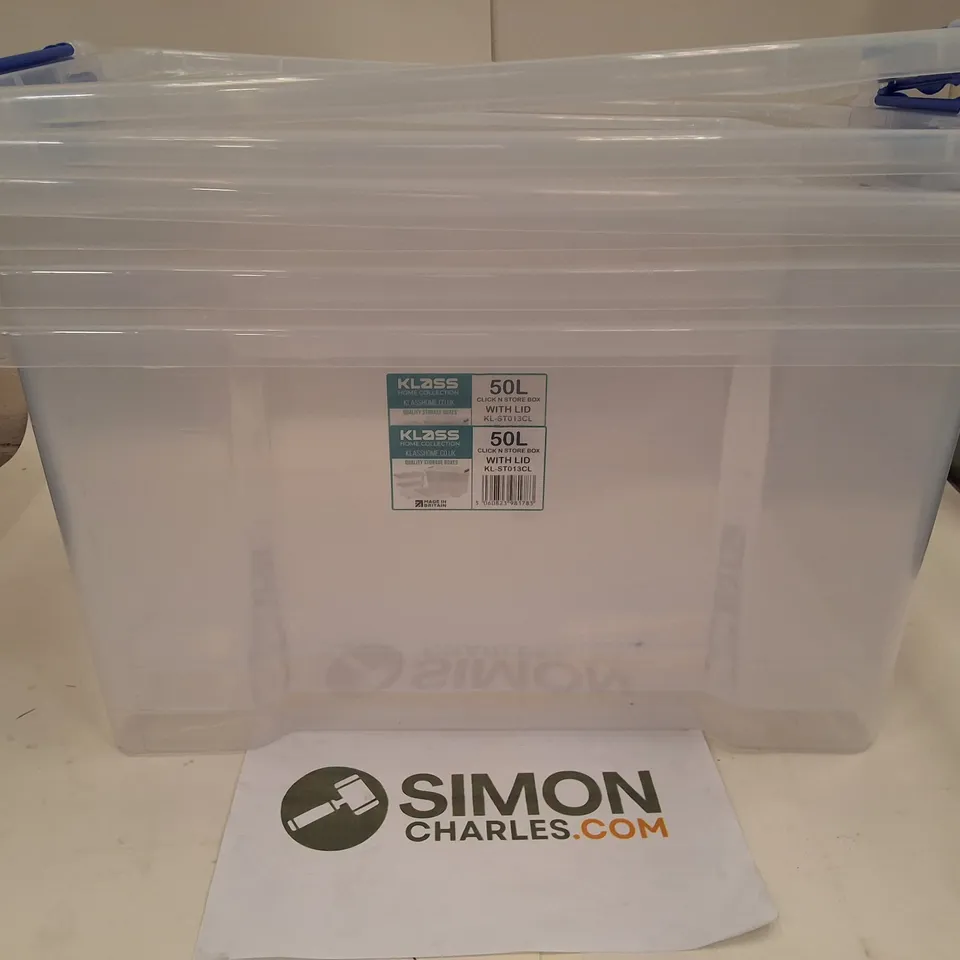 LOT OF 3 KLASS 50L CLICK N STORE BOXES WITH LIDS