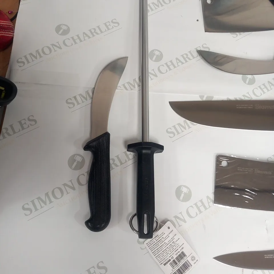 APPROXIMATELY 10 ASSORTED STARRETT KITCHEN UTENSILS TO INCLUDE; KNIVES AND SHARPENER STEEL