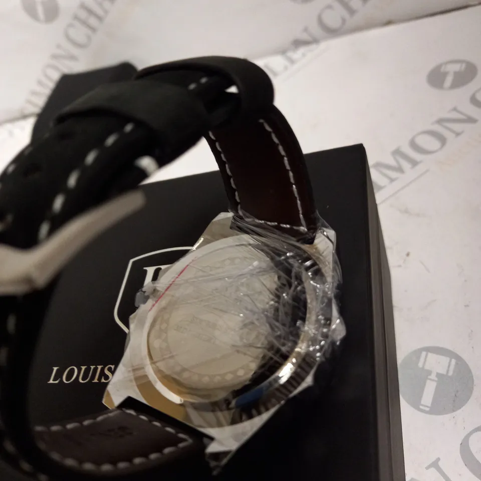 MENS LOUIS LACOMBE CHRONOGRAPH WATCH BLACK DIAL BLACK LEATHER STRAP 