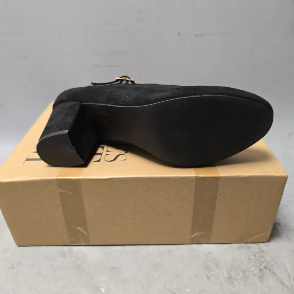 BOXED WHERES THAT FROM BLACK SUEDE WEDGE SHOE - SIZE 6 