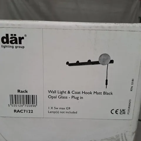 BOXED DAR WALL LIGHT & COAT HOOK MATT BLACK OPAL GLASS - PLUG IN 