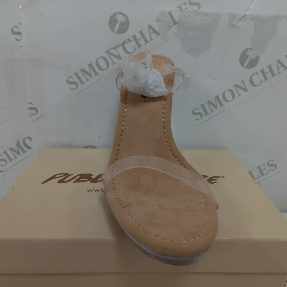 BOXED PAIR OF PUBLIC DESIRE NUDE CLEAR HIGH HEEL OPEN TOE SANDALS - UK 7 
