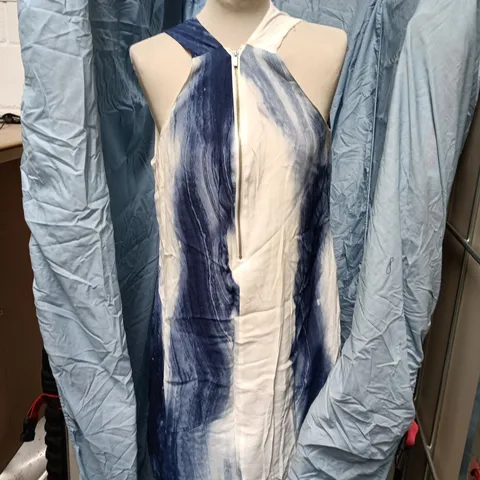 MINT VELVET WOMEN'S DRESS - SLEEVELESS WHITE WITH BLUE BRUSHSTROKE PRINT, UK 16