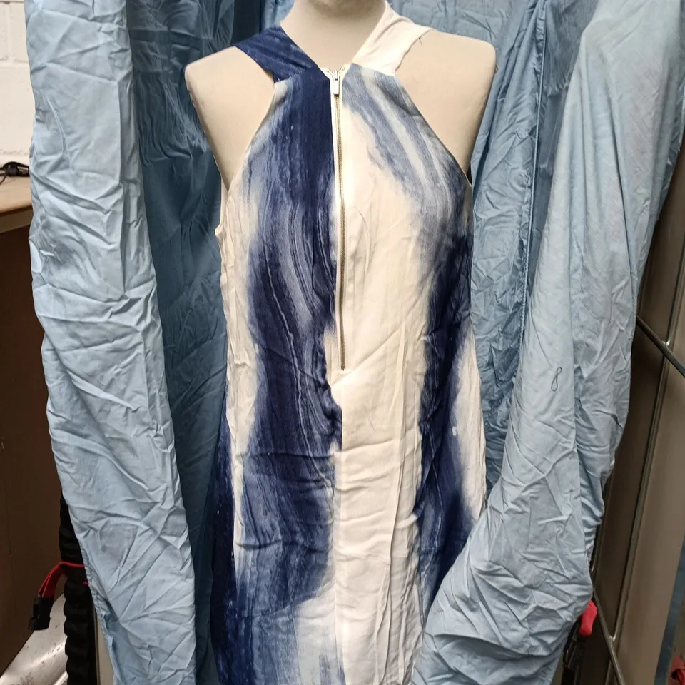 MINT VELVET WOMEN'S DRESS - SLEEVELESS WHITE WITH BLUE BRUSHSTROKE PRINT, UK 16
