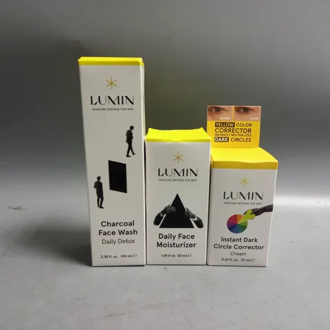 3 BOXED LUMIN SKINCARE FOR MEN PRODUCTS TO INCLUDE CHARCOAL FACE MASH DAILY DETOX 100ML, DAILY FACE MOISTURISER 50ML, INSTANT DARK CIRCLE CORRECTOR CREAM 20ML 