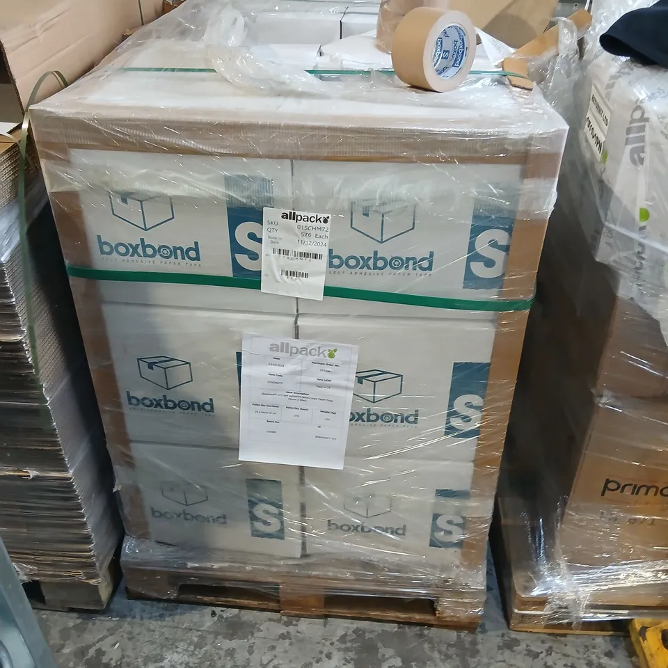 PALLET OF APPROXIMATELY 576 BOX BOND S72 SELF ADHESIVE SEMI CREPE PAPER TAPE 72MM X 50M