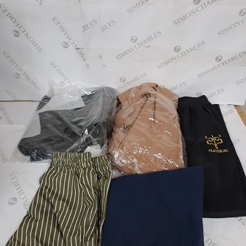 LARGE BOX OF ASSORTED CLOTHING ITEMS IN VARIOUS COLOURS AND SIZES INCLUDING TROUSERS , TOPS AND JUMPERS