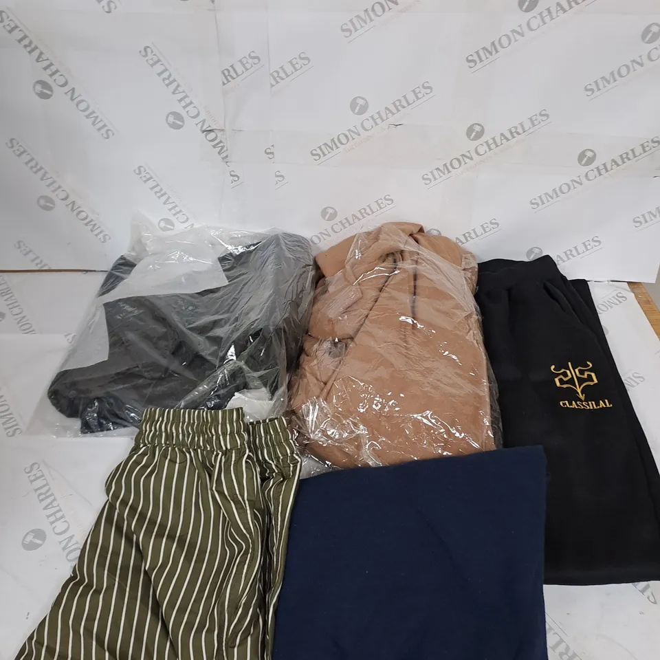 LARGE BOX OF ASSORTED CLOTHING ITEMS IN VARIOUS COLOURS AND SIZES INCLUDING TROUSERS , TOPS AND JUMPERS 