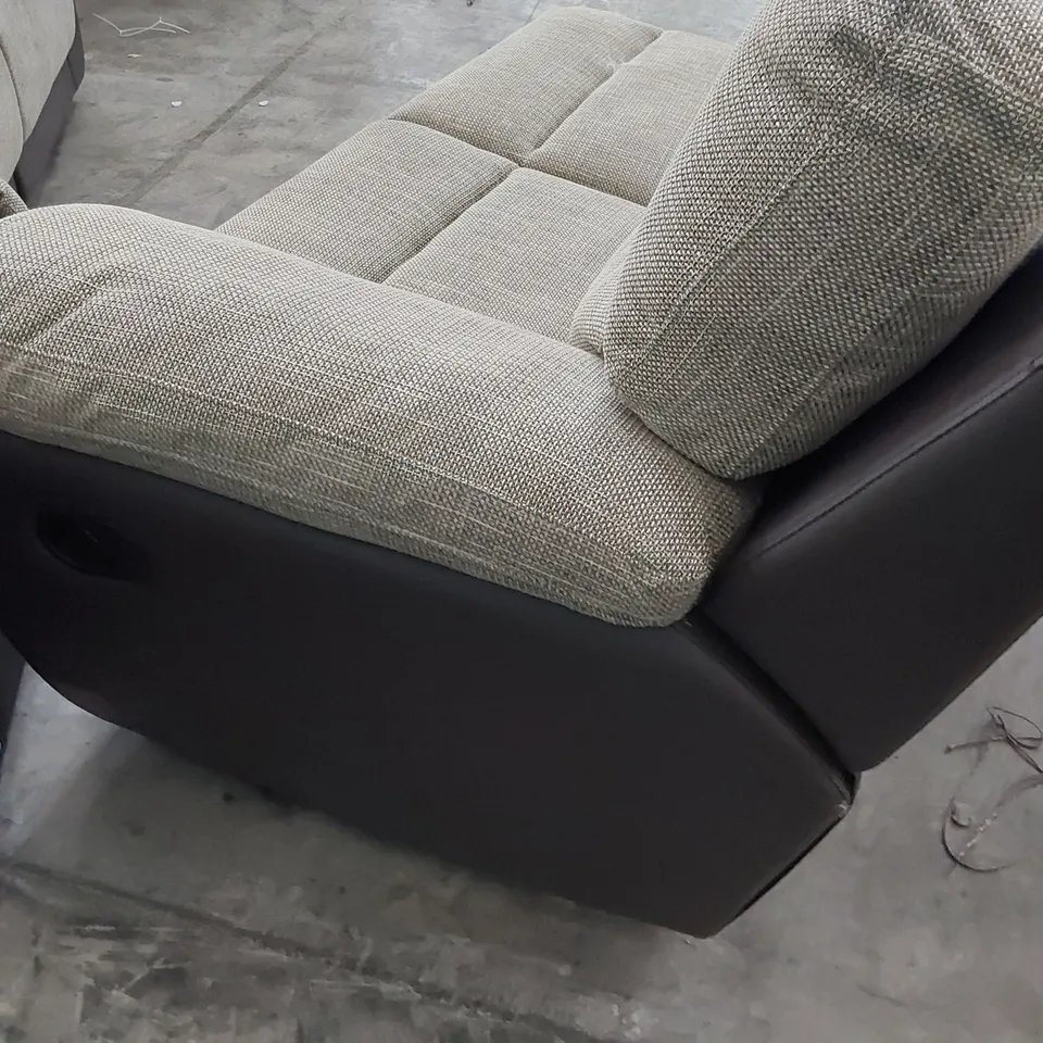THREE SECTIONS OF CORNER GROUP, MANUAL RECLINING BROWN FAUX LEATHER  & GREY FABRIC