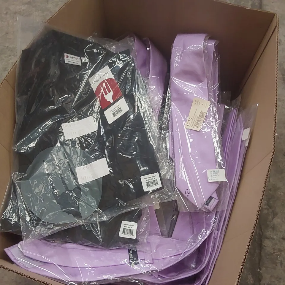 BOX CONTAINING A LARGE QUANTITY OF BRAND NEW CHEF WORKS CATERING CLOTHES, PREMIER TIES 