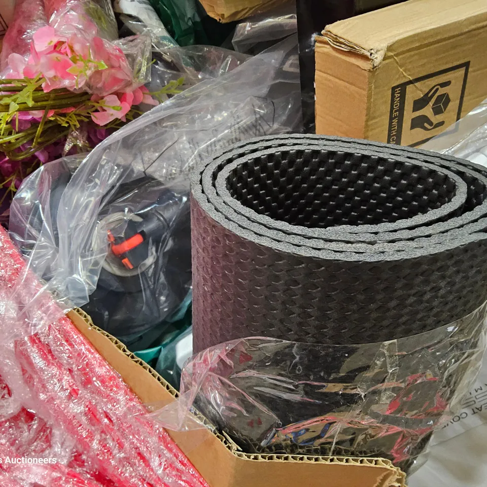 PALLET OF ASSORTED ITEMS TO INCLUDE, RETRACTABLE GATES, EXCERCISE MAT, TOILET SEATS, SAFE DARTS SET, BASKET BALL HOOPS, EUROPEAN FLAG GAME, 