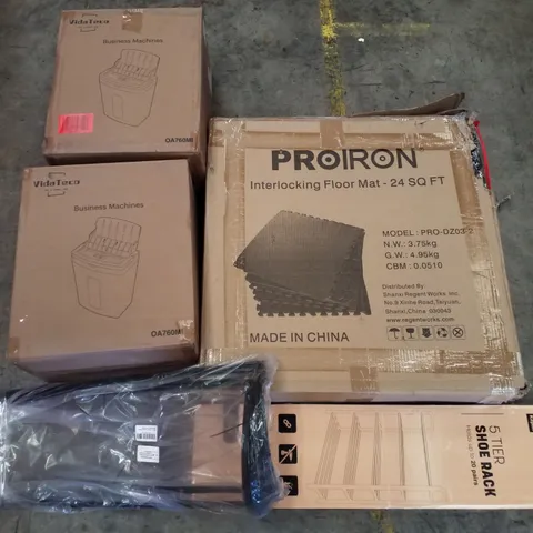 PALLET CONTAINING ASSORTED PRODUCTS INCLUDING INTERLOCKING FLOOR MAT, 5 TIER SHOE RACK, METAL PLANT SUPPORT FRAME & AUTOFEED PAPER SHREDDER