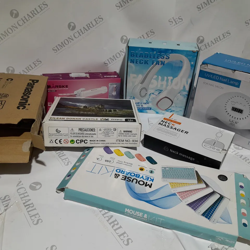 BOX OF APPROXIMATELY 8 ASSORTED ITEMS TO INCLUDE A PANASONIC BATTERY SET,A NECK MASSAGER AND A UV/LED NAIL LAMP