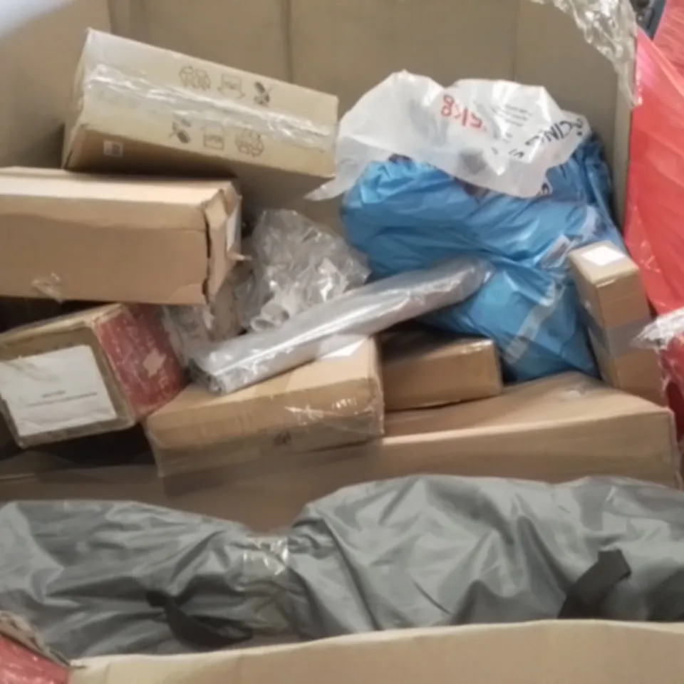 PALLET OF ASSORTED ITEMS INCLUDING CHRISTMAS TREE, DRAWER CABINET, FOLDABLE CAMPING CHAIR, CONVECTOR HEATER, UMBRELLA 