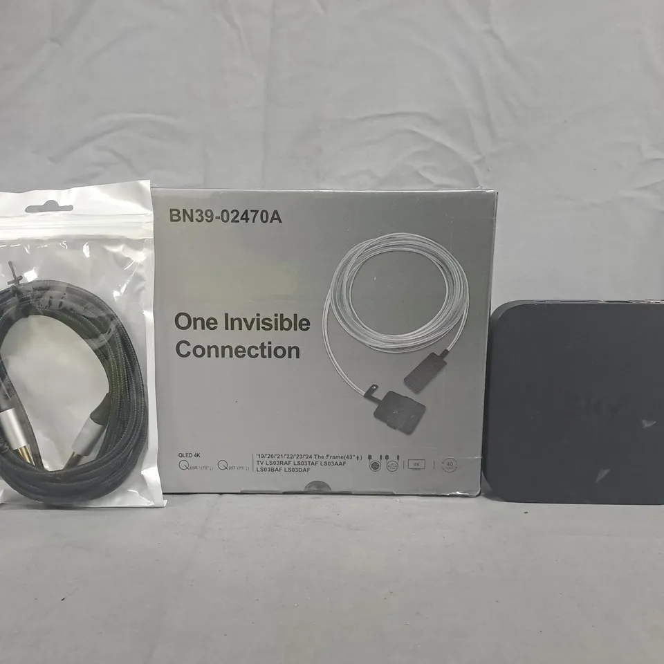 APPROXIMATELY 10 ASSORTED HOUSEHOLD ITEMS TO INCLUDE ONE INVISIBLE CONNECTION, AND VARIOUS CABLES, ETC