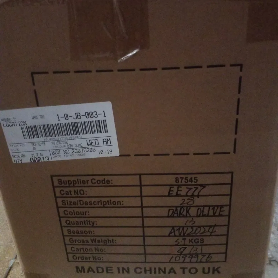 BOX CONTAINING APPROXIMATELY 13 BRAND NEW JD WILLIAMS CARK OLIVE PU LEGGINGS - SIZE 28