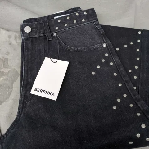 BERSHKA WOMEN'S BLACK DENIM JEANS WITH STUDDED DETAIL – UK 28 (EU 34)