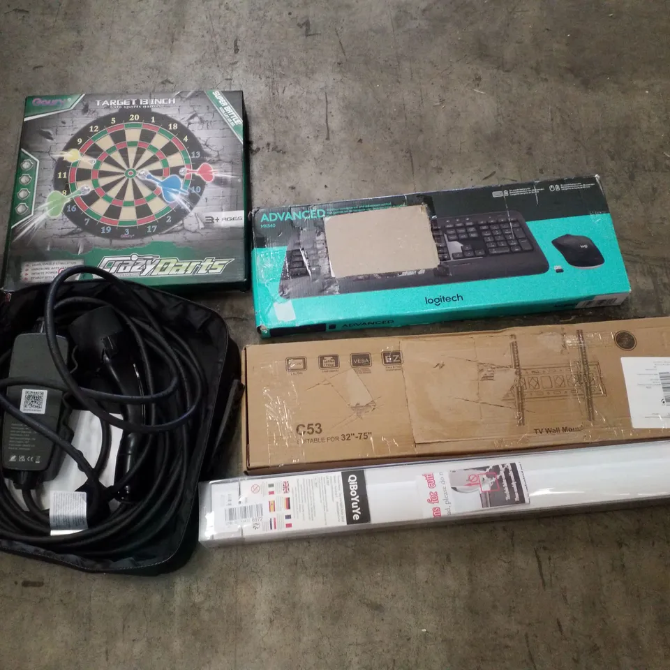 PALLET CONTAINING ASSORTED PRODUCTS INCLUDING LOGITECH KEYBOARD + MOUSE, TV WALL MOUNT, EV CAR CHARGER, ROLLER BLIND & TOY DART BOARD