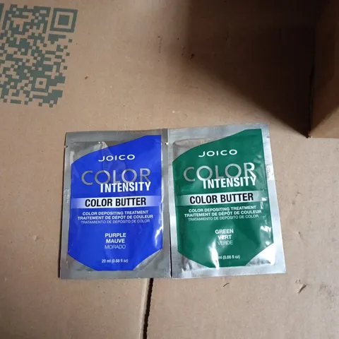 BOX OF APPROXIMATELY 35 ASSORTED JOICO PRODUCTS TO INCLUDE: COLOR BUTTER GREEN AND PURPLE