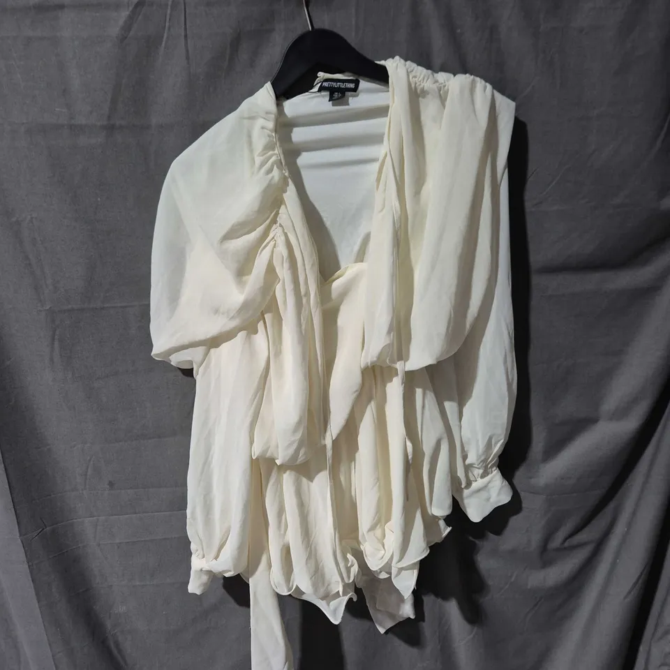 PRETTYLITTLETHING CREAM FLOATY TIE-DETAIL LONG SLEEVE SHIFT DRESS, UK 6