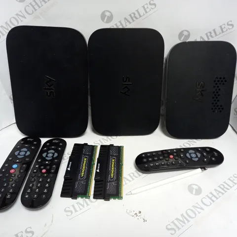 APPROXIMATELY 10 ASSORTED ELECTRICAL PRODUCTS TO INCLUDE REPLACEMENT REMOTES, SKY BOX, DDR3 RAM ETC