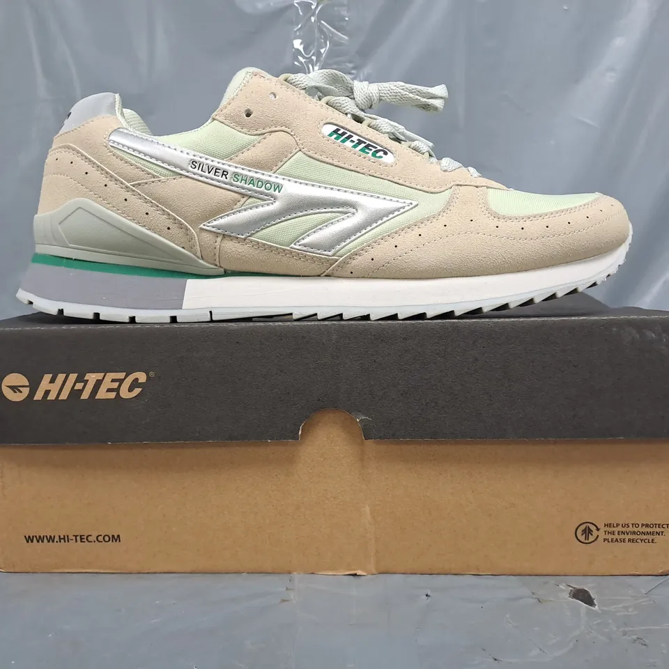 BOXED PAIR OF HI-TEC SILVER SHADOW OG SHOES IN SILVER/GREY/GREEN SIZE UK 12