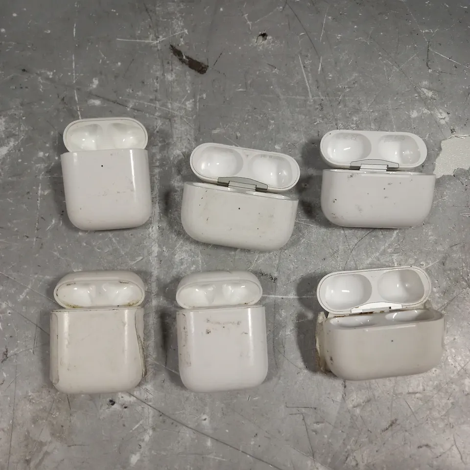 LOT OF 6 ASSORTED EMPTY APPLE AIRPODS CHARGING CASES TO INCLUDE A1602 1ST GEN AND A2190 PRO IN WHITE