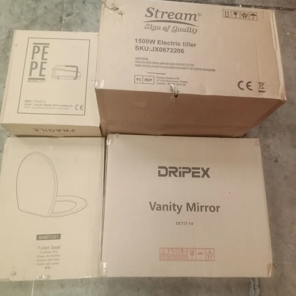 PALLET OF ASSORTED ITEMS INCLUDING DRIPEX VANITY MIRROR, STREAM 1500W ELECTRIC TILLER, TOILET SEAT, PEPE TOILET RISER WITH HANDLES, PEPE HAIR WASHING BASIN