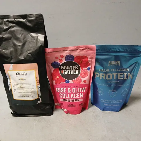 TOTE OF ASSORTED FOOD AND DRINK ITEMS TO INCLUDE PROTEIN , HUNTER & GATHER AND COFFEE