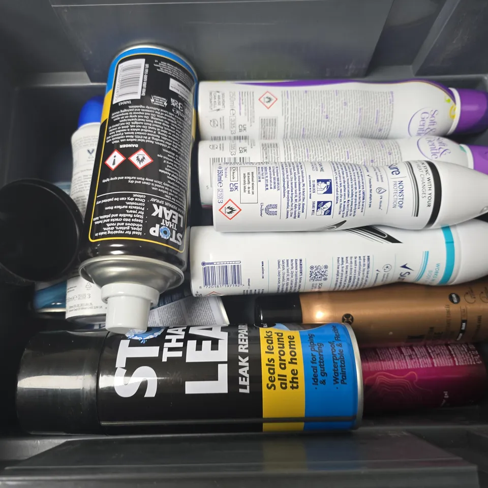 APPROXIMATELY 12 ASSORTED AEROSOLS TO INCLUDE PERFECT SCENTS AQUATIC BREEZE, SURE INVISIBLE, STOP THAT LEAK, ETC - COLLECTION ONLY