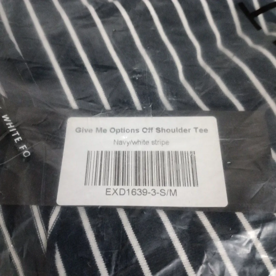 WHITE FOX OVER THE SHOULDER T SHIRT NAVY/WHITE STRIPE SMALL/MEDIUM