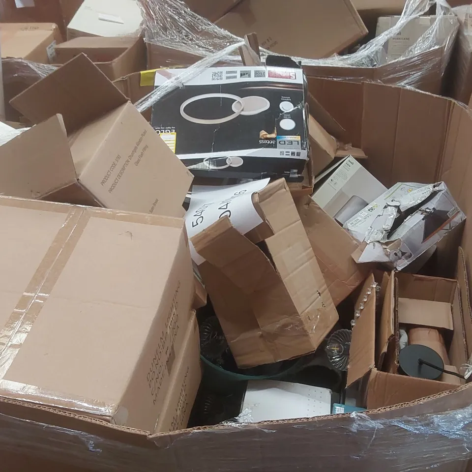 PALLET CONTAINING A VERY LARGE QUANTITY OF ASSORTED DESIGNER LIGHTING PRODUCTS INCLUDING: CEILING LIGHTS, TABLE LAMP, WALL LIGHT ECT