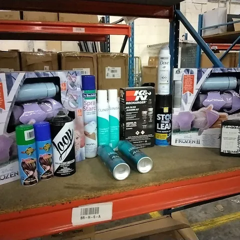 4 TRAYS OF ASSORTED ITEMS TO INCLUDE: K&N AIR FILTER CLEANING KIT, TED BAKER BODY DUO, SPRAY STARCH, LOOP SPRAY PAINT, DOVE INVISIBLE DRY ETC