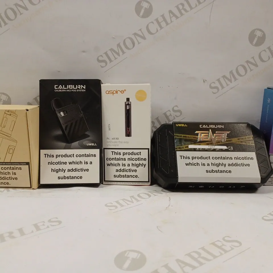 BOX OF APPROX 14 ASSORTED E-CIGARETTES TO INCLUDE - OXVA XLIM SE - UWELL CALIBURN TENAT - ASPIRE POCKEX KIT - INNOKIN ENDURA T22 PRO ECT