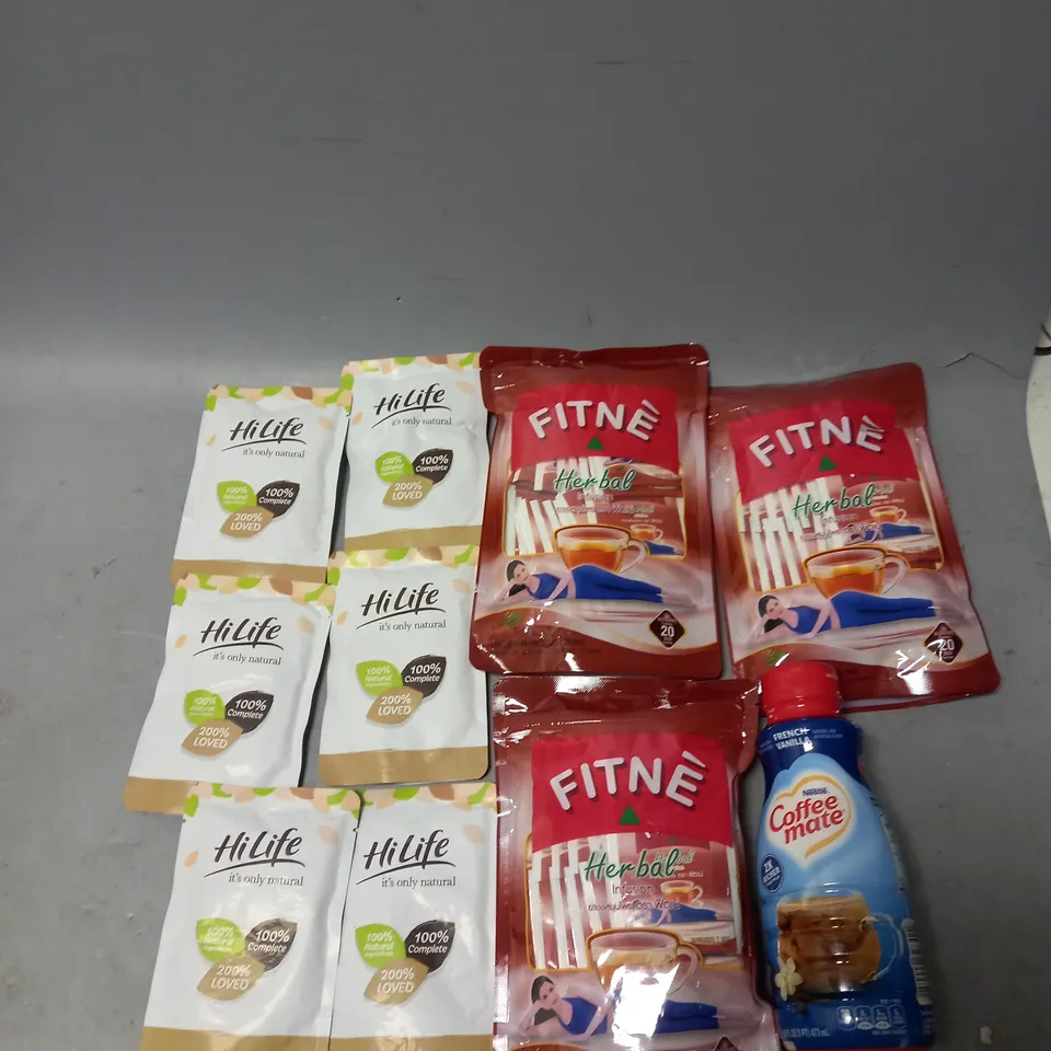 LOT OF APPROXMATELY 8 ITEMS TO INCLUDE  - HILIFE, FITNE HERBAL, AND NESTLE COFFEE MATE ETC