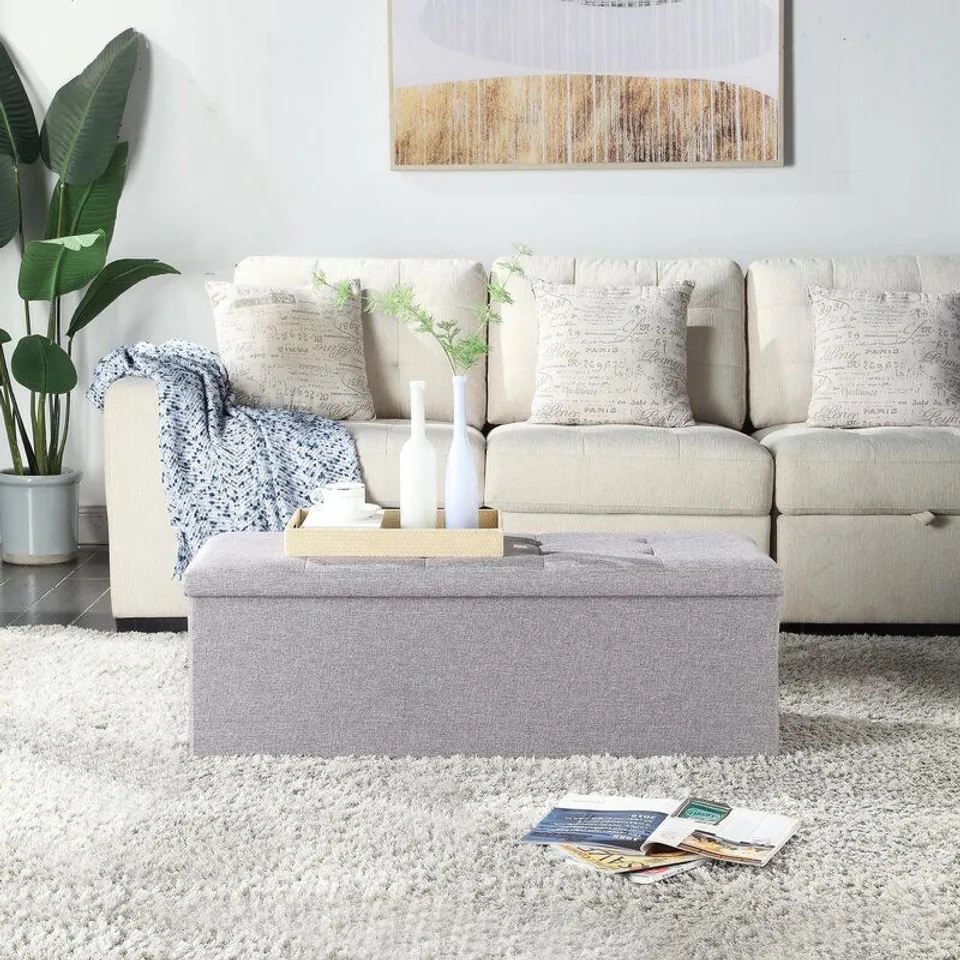 BOXED DIMITROV GREY FOLDABLE OTTOMAN FABRIC STORAGE CHEST EXTRA LARGE