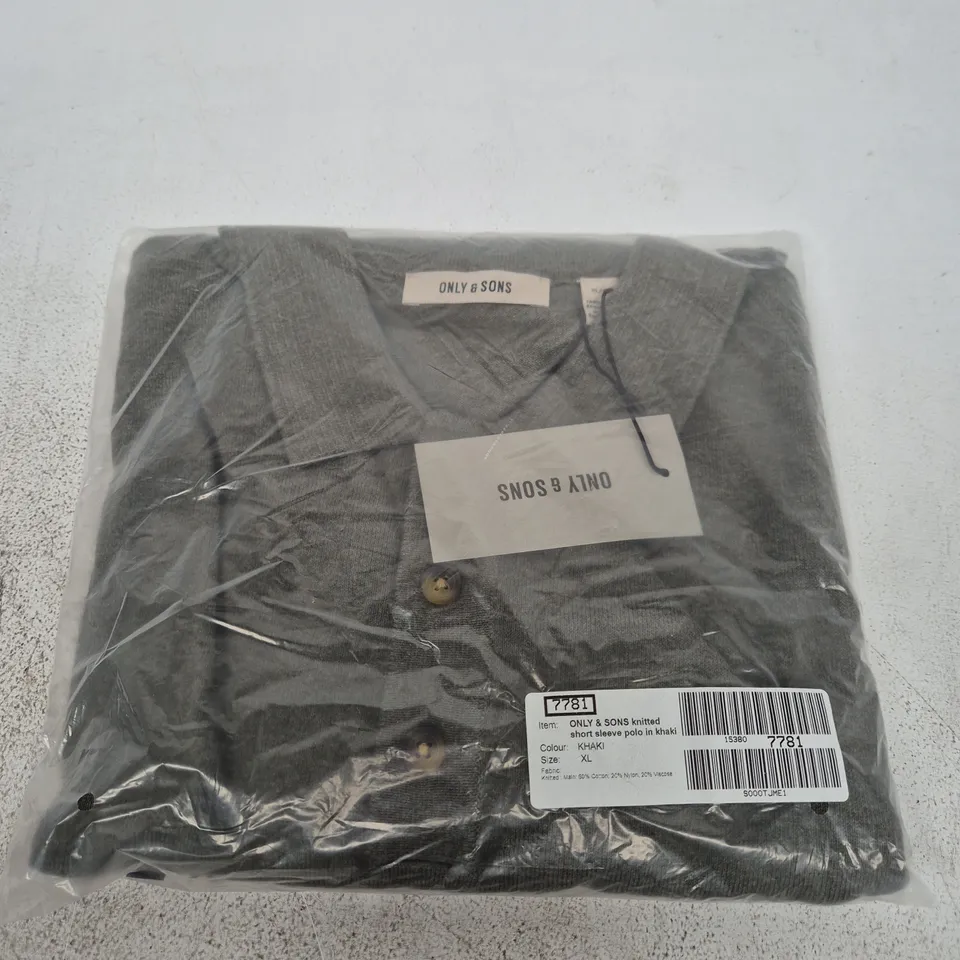 BAGGED ONLY & SONS KHAKI KNITTED SHORT SLEEVE POLO SHIRT – UK XL