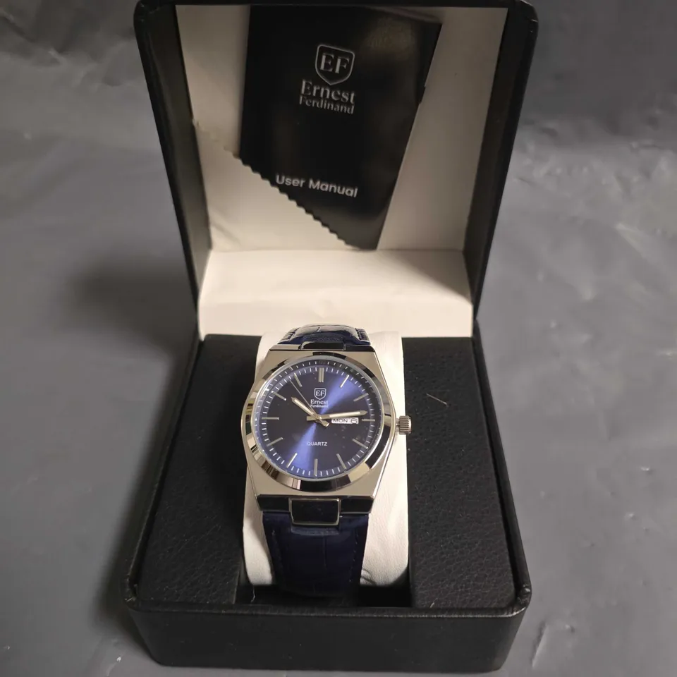 BOXED ERNEST FERDINAND BLUE DIAL GENTS WATCH WITH LEATHER STRAP