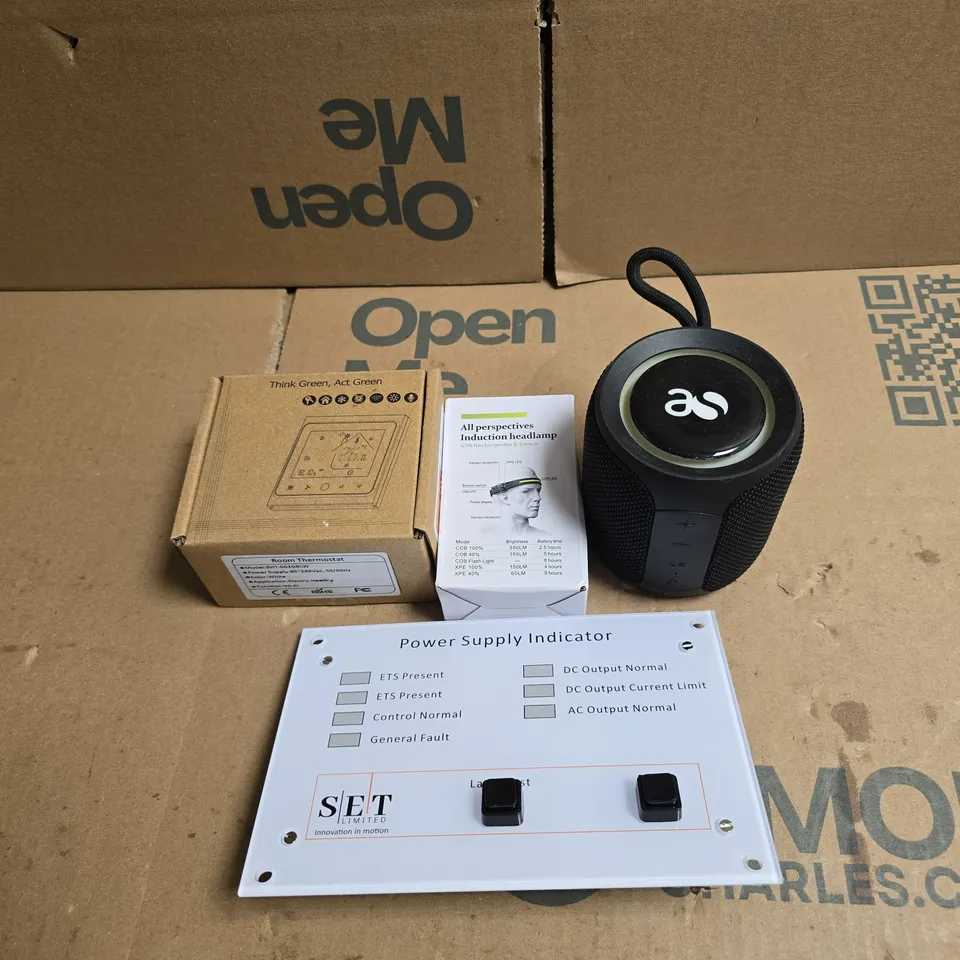 TOTE OF APPROXIMATELY 12 ASSORTED HOUSEHOLD ITEMS TO INCLUDE POWER SUPPLY INDICATOR, ROOM THERMOSTAT, HEADLAMP ETC