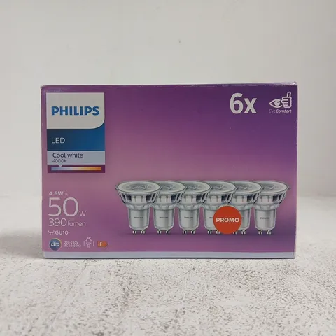 PHILIPS LED BULBS – 6X GU10, COOL WHITE 4000K, 390 LM (4.6W, 50W EQUIVALENT)