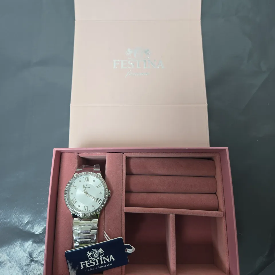 FESTINA LADIES' STAINLESS STEEL WATCH – WHITE DIAL WITH CRYSTAL BEZEL, IN PINK PRESENTATION BOX