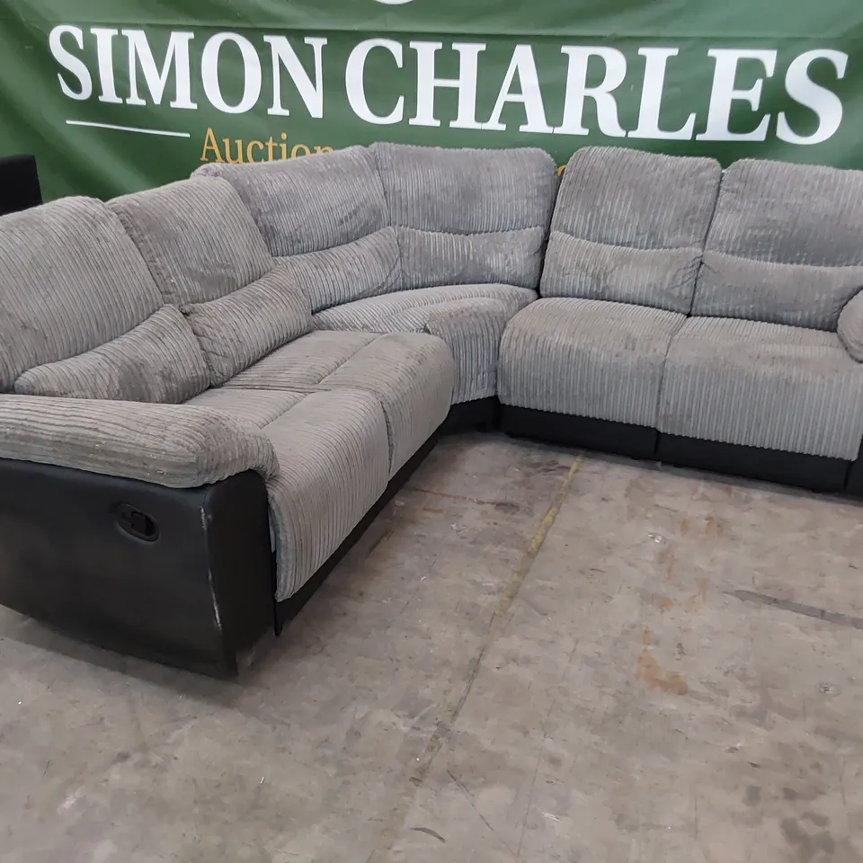 DESIGNER MANUAL END RECLINING CORNER GROUP BLACK FAUX LEATHER & GREY JUMBO CHORD 