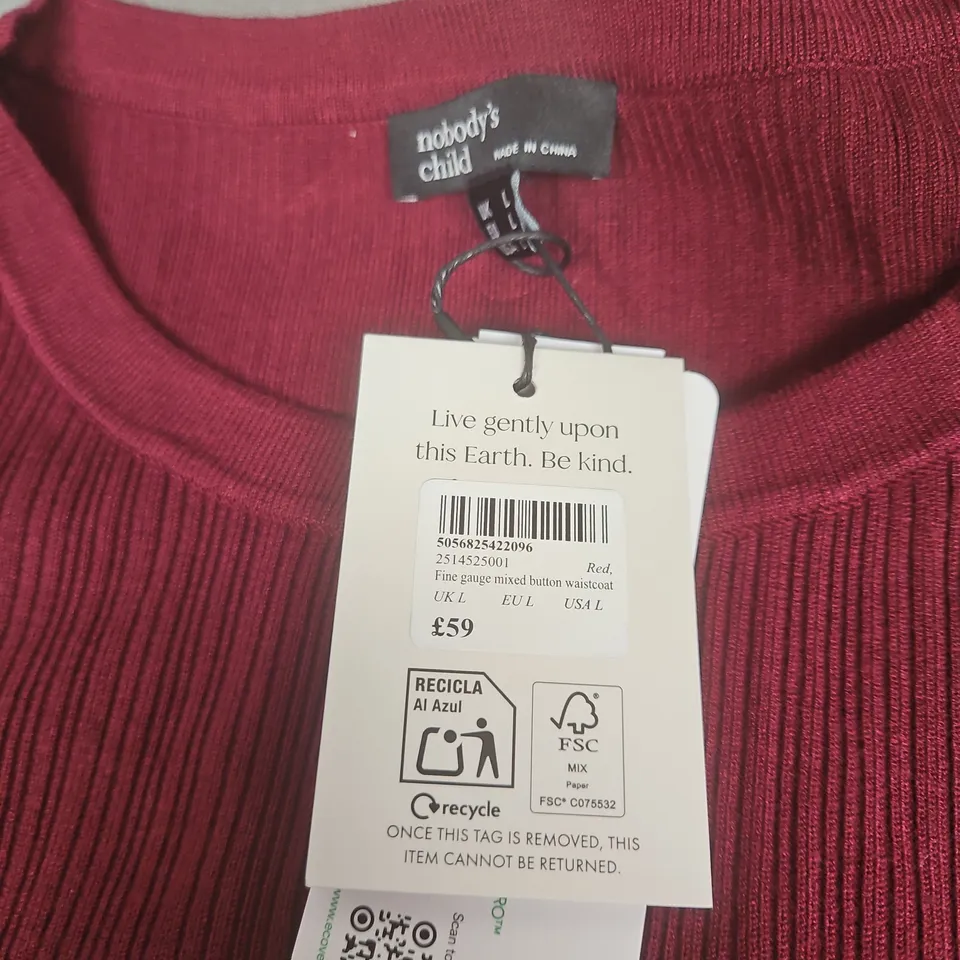 NOBODY'S CHILD - RED KNITTED WAISTCOAT – BUTTON FRONT, UK L