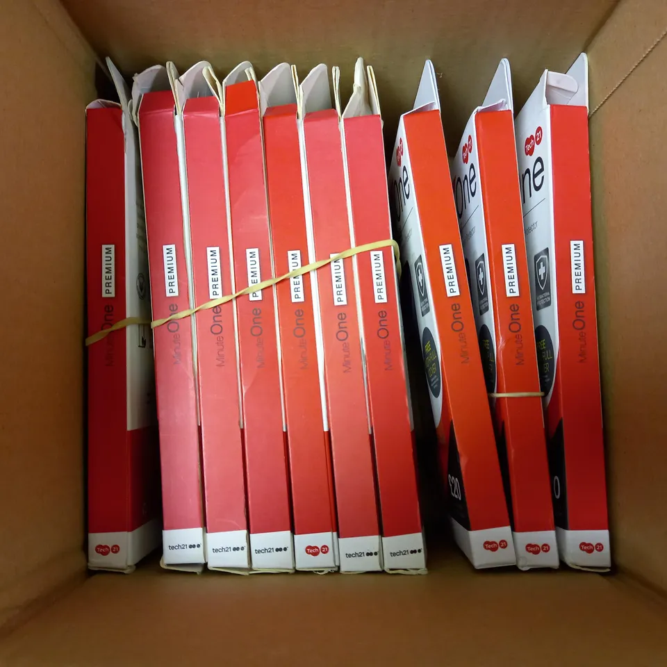 BOX OF APPROX 10 TECH 21 MINUTE ONE PREMIUM PHONE CASE AND SCREEN PROTECTOR FOR ASSORTED PHONES