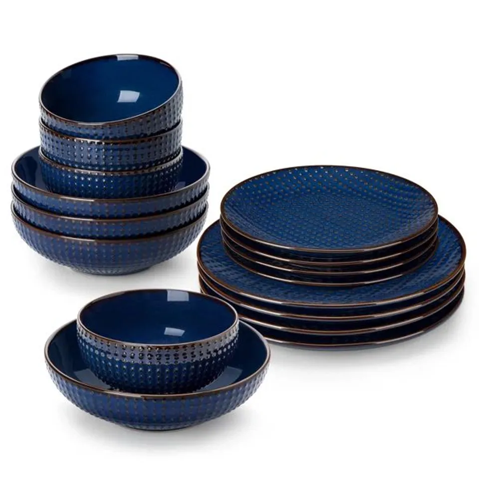 BOXED 16 PIECE STONEWARE DINNERWARE SET, SERVICE FOR 4 - BLUE PATTERN:GEOMETRIC SHAPES