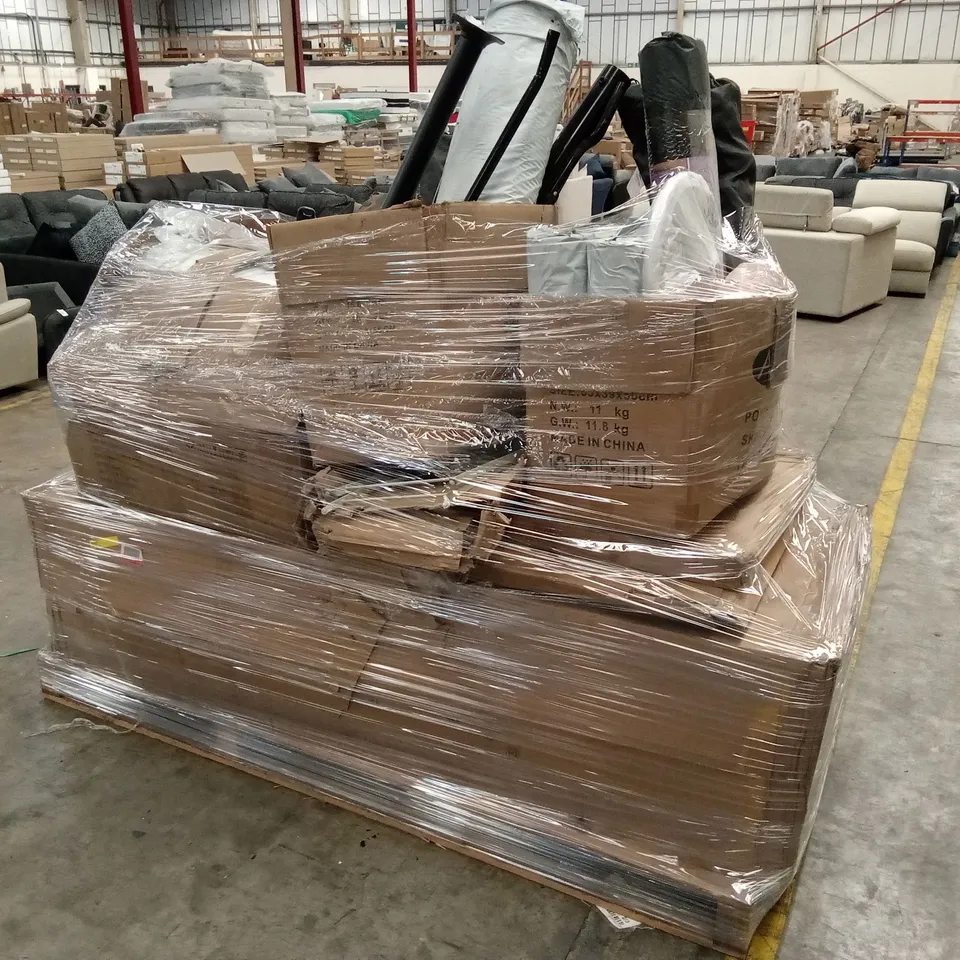 PALLET OF ASSORTED INCOMPLETE FURNITURE PARTS, YOGA MATS, CHAIR PARTS ETC